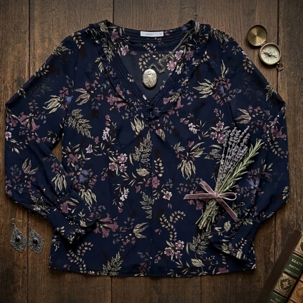 Ricki's Navy Floral Sheer V-Neck Blouse Ruffle Cuff Pintuck Chiffon Top Size 16